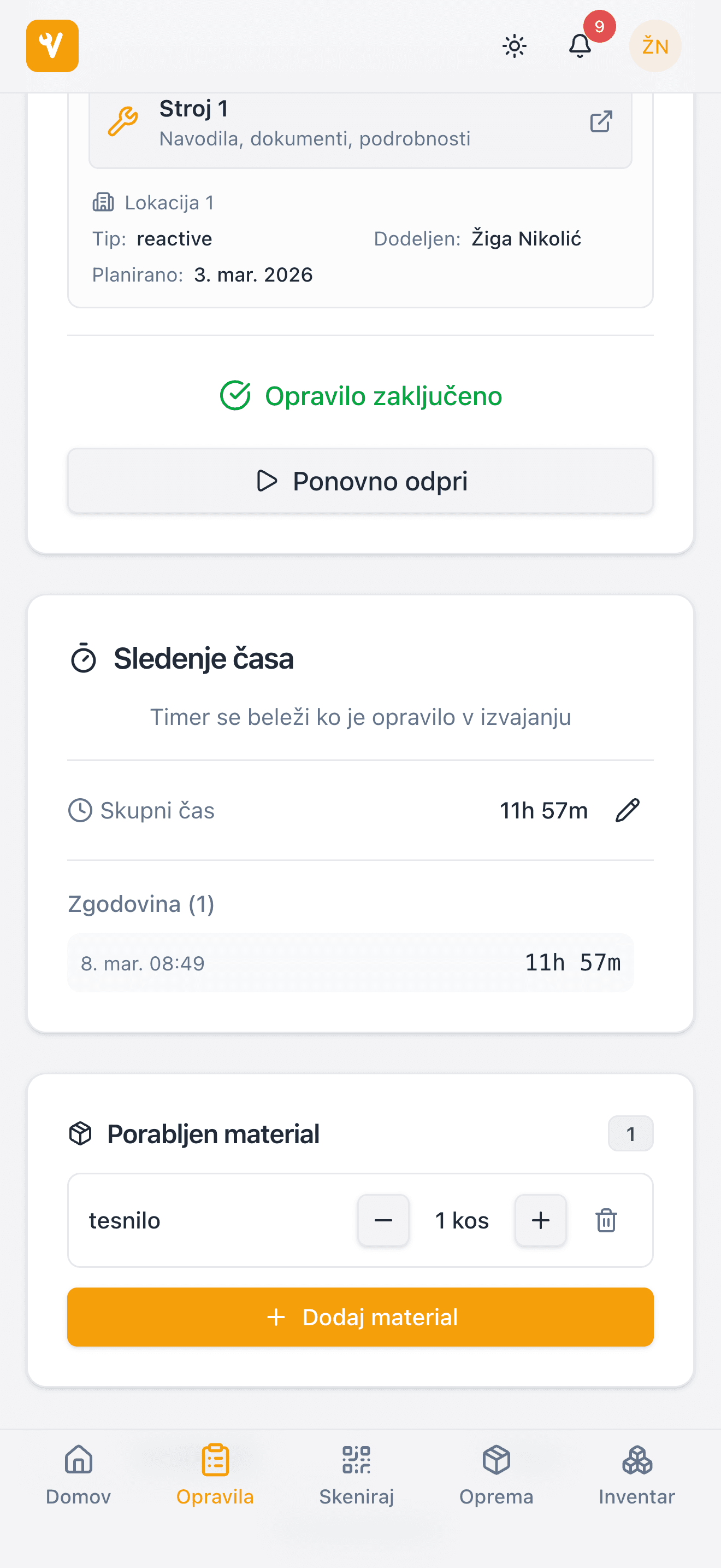 Mobilni Vzdrževalnik: zaključeno opravilo, zapis porabljenega časa in materiala.