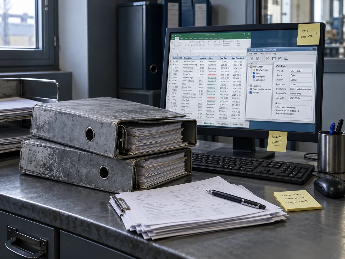 Papirne servisne evidence in registratorji na mizi v delavnici
